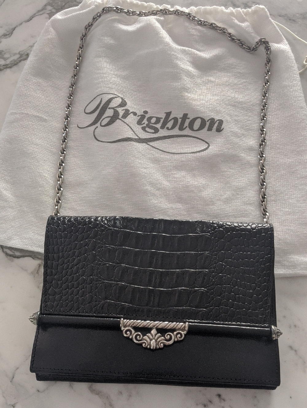 Brighton Black Croc-Embossed Double Pocket Sachel/Shoulder Bag & Removable Chain
